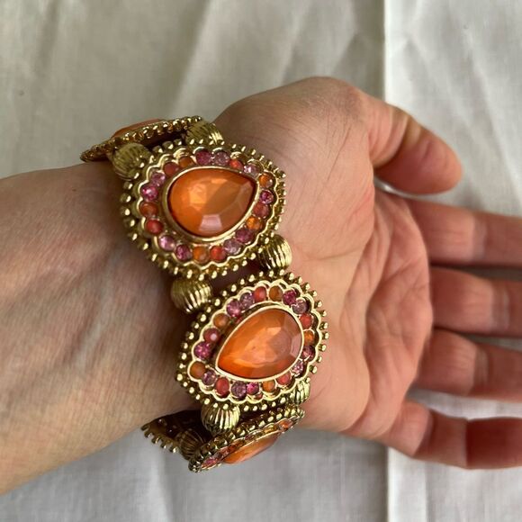 Bracelet, pink and orange stones with gold tone framing, double elastic - Picture 2 of 5